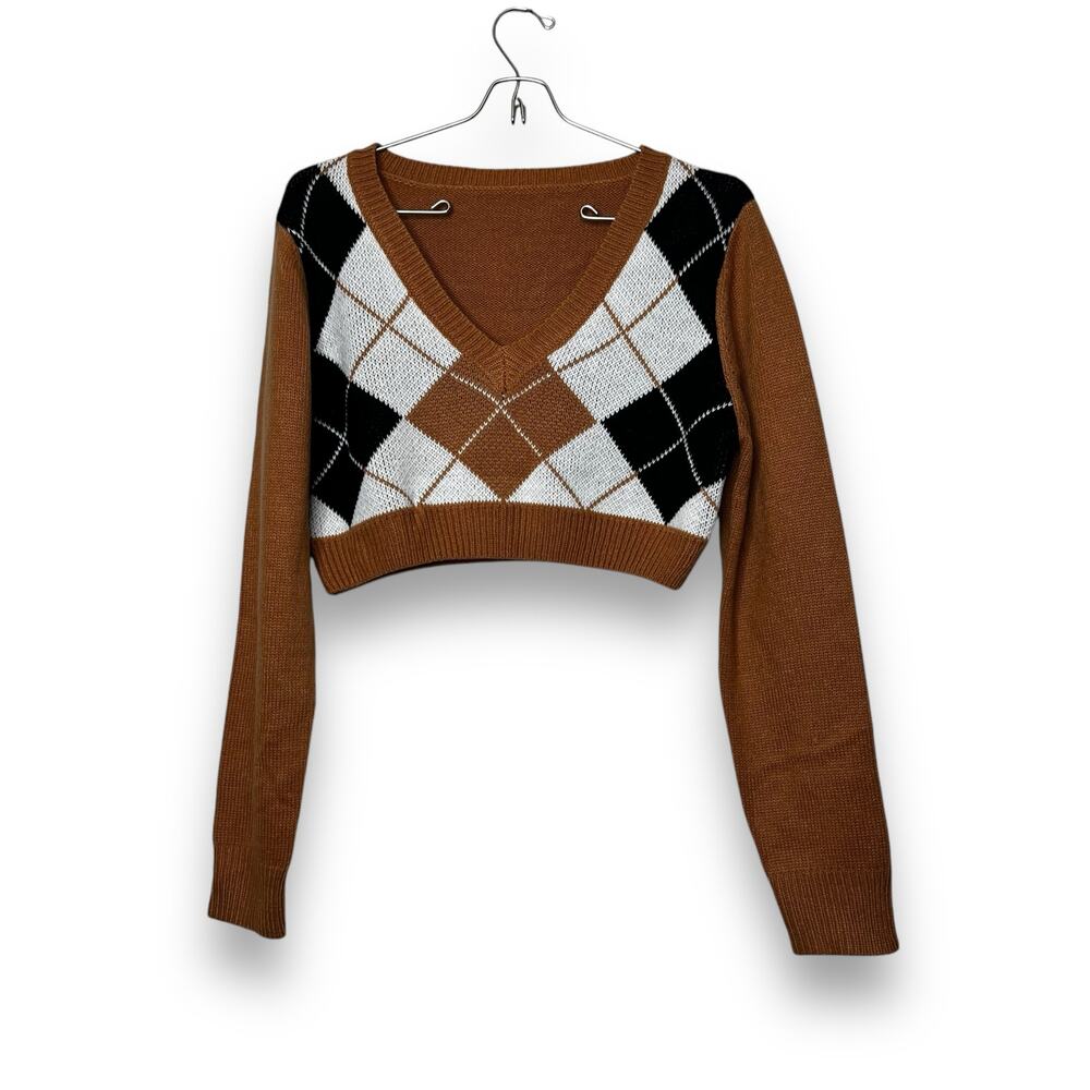 Shein Argyle Sweater Size Medium Preppy Tan Cropped Long Sleeve V Neck - Picture 2 of 8